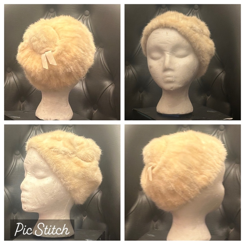 vintage white beige light blonde mink fur hat 1950s beret tam satin lined